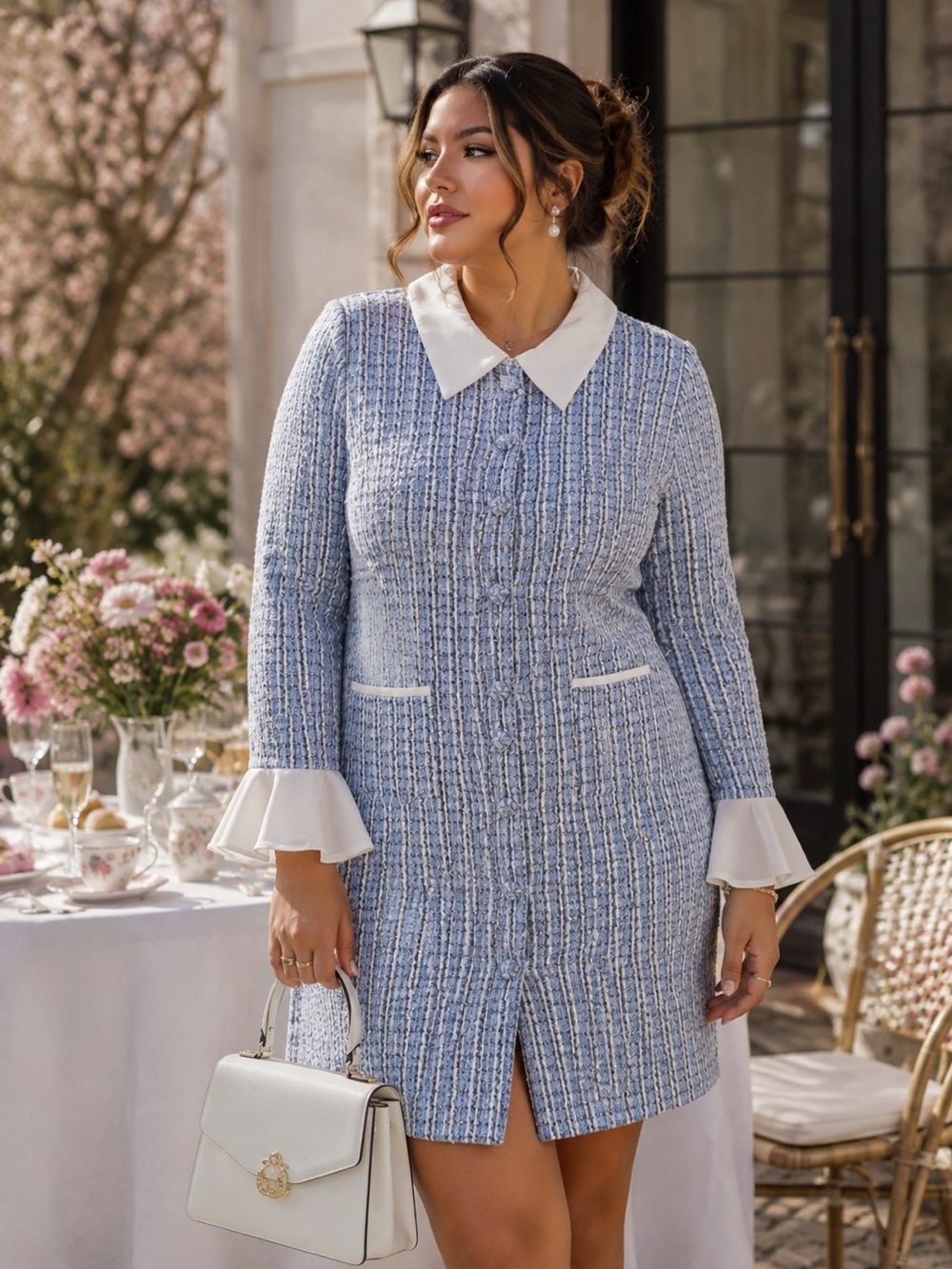 Ivy City Co Tweed Shift Dress Blue White Large Preppy Office Quiet Luxury Brunch